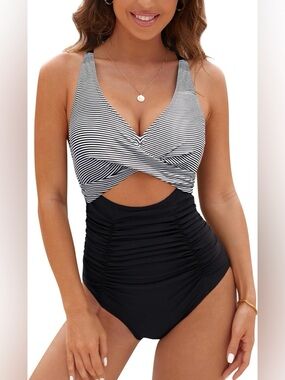 Blooming NWT Jelly Black White Striped One Piece Swimsuit monokini cut out sz Sm